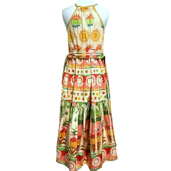 NWOT Farm Rio Rainbow Sunset Bow Maxi Halter Dress Sz XS BoHo Summer Vacation - Picture 4 of 14